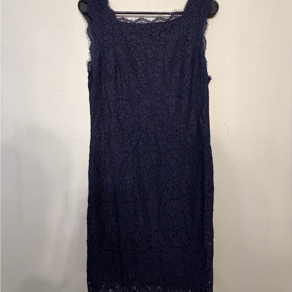 Adrianna Papell Evening Navy Scallop Lace Figure Flattering Dress